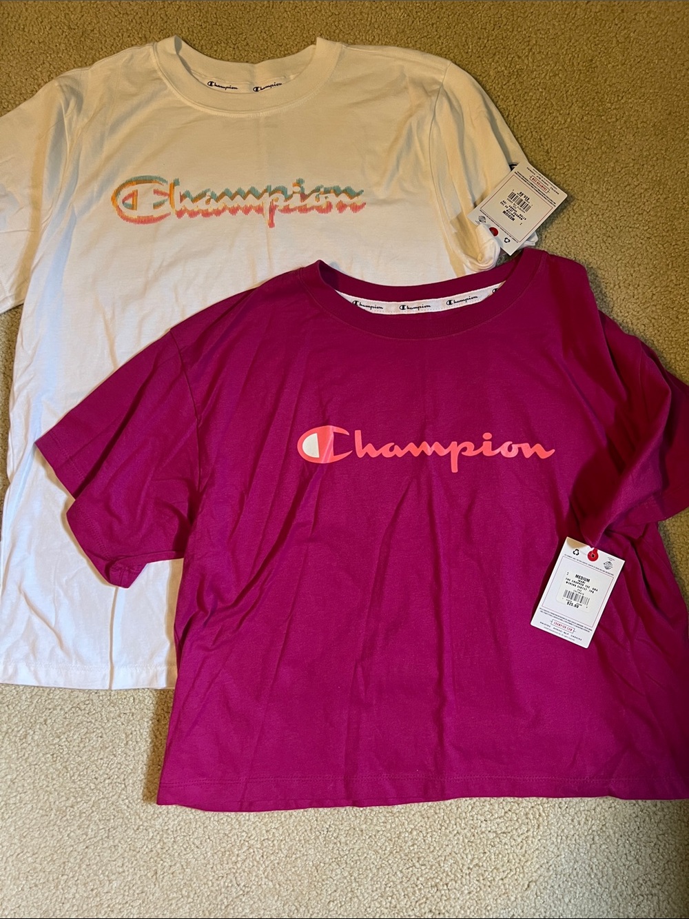 Champion Magenta Logo T-Shirt with Pink Print and white shirt